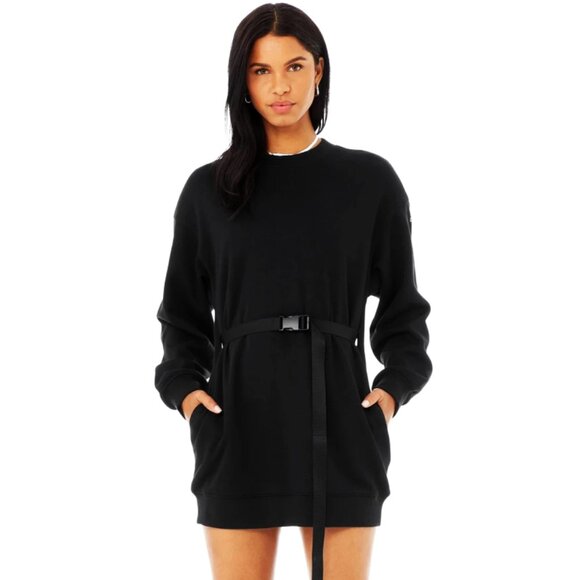 Alo Cityscape Sweatshirt Dress Black Belted Belt Edgy Long Sleeve Sweater Mini - Picture 6 of 15